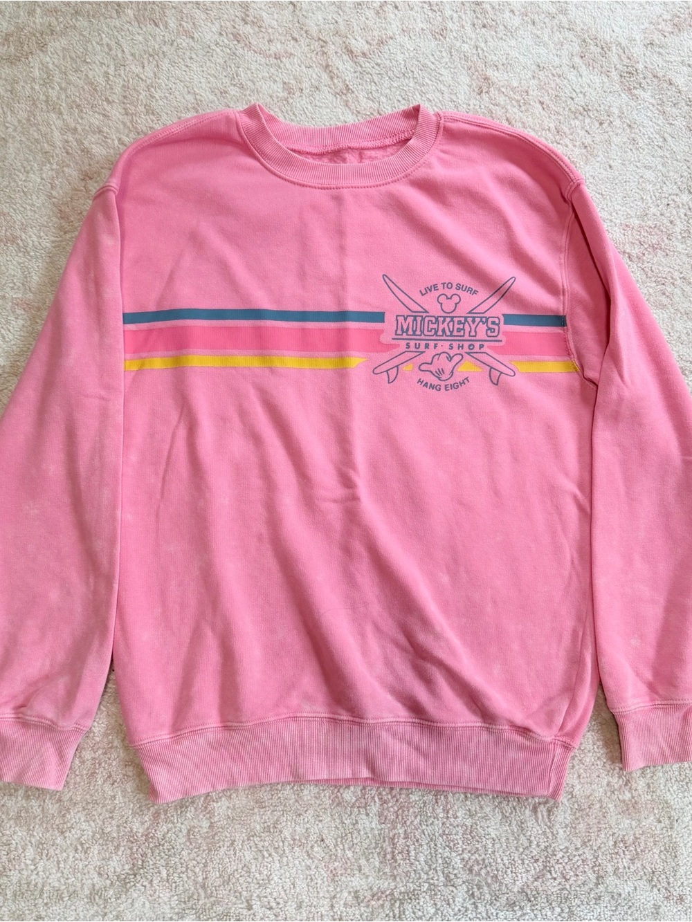 Disney Mickey and Friends Pink Sweatshirt with Blue and Yellow Stripe Graphic